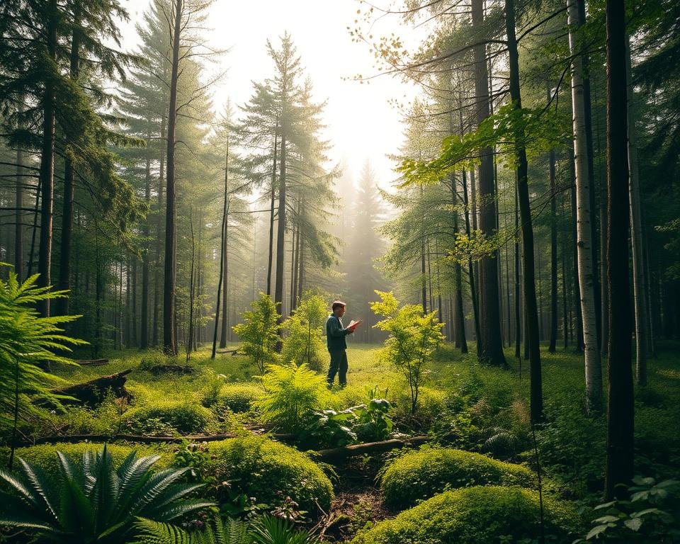 A lush, verdant forest stand bathed in soft, diffused sunlight filtering through the canopy above. In the foreground, a diverse array of tree species - towering oaks, slender birches, and graceful maples - stand in harmonious arrangement. Undergrowth of ferns, mosses, and wildflowers carpets the forest floor, creating a rich, textured tapestry. In the middle ground, a forest ecologist examines a tree, clipboard in hand, carefully assessing the stand's composition and health. Surrounding this scene, the background fades into a hazy, atmospheric depth, suggesting the vastness of the forest ecosystem. The overall mood is one of scientific inquiry, natural wonder, and a sense of the delicate balance within this forest stand.