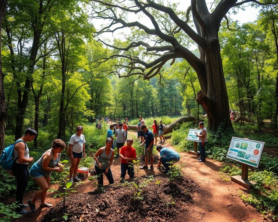 A lush, verdant forest teeming with life, where local community members engage in sustainable stewardship practices. In the foreground, a group of diverse individuals collaborate, planting saplings and removing invasive species. The middle ground showcases a well-maintained trail, with informative signage educating visitors on the importance of conservation. In the background, towering ancient trees cast dappled sunlight, their branches providing a home for a variety of wildlife. The scene exudes a sense of harmony and purpose, as the community works in harmony with the natural landscape. Captured with a wide-angle lens, the image conveys a sense of scale and the interconnectedness of the forest ecosystem.