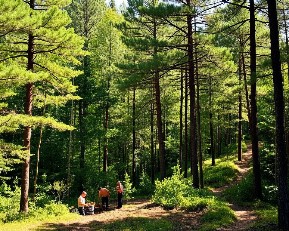 A lush, verdant forest with a diverse canopy of tall, healthy trees. In the foreground, a group of forestry workers carefully thinning undergrowth and selectively harvesting mature timber, ensuring the forest's long-term sustainability. The midground features a cleared area with new seedlings being planted, while in the background, a sun-dappled trail winds through the well-managed woodland. The lighting is natural and warm, conveying a sense of balance and harmony between human activity and the natural environment. The overall scene reflects a responsible, environmentally-conscious approach to forest management.