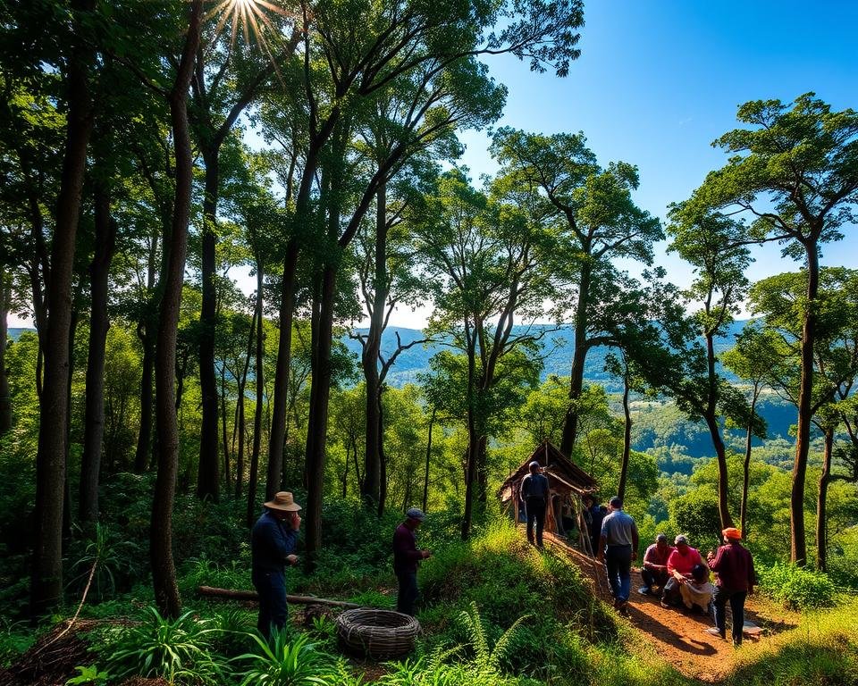 A lush, verdant forest with towering trees reaching towards the sky. In the foreground, rangers and conservationists work together, planting saplings and clearing undergrowth. Sunlight filters through the canopy, casting a warm glow on the scene. In the middle ground, indigenous communities gather, sharing knowledge and traditional practices. In the distance, a backdrop of rolling hills and a clear, blue sky, symbolizing the hope for a sustainable future. The image conveys a sense of harmony between nature, people, and the fight against climate change through international cooperation on forestry issues.