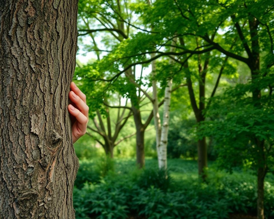 A lush, verdant garden filled with native trees, their leaves rustling gently in the breeze. In the foreground, a closeup view of a healthy tree trunk, its bark rough and textured, with a gardener's hand tenderly inspecting the bark for signs of pest or disease. The middle ground showcases a variety of native tree species - oak, maple, birch - their branches extending skyward, casting dappled shadows on the ground below. The background fades into a soft, diffused light, creating a serene, natural ambiance. The overall scene conveys the importance of proper native tree care, with an emphasis on identifying and addressing common pests and diseases to maintain the health and vitality of these vital landscape elements.