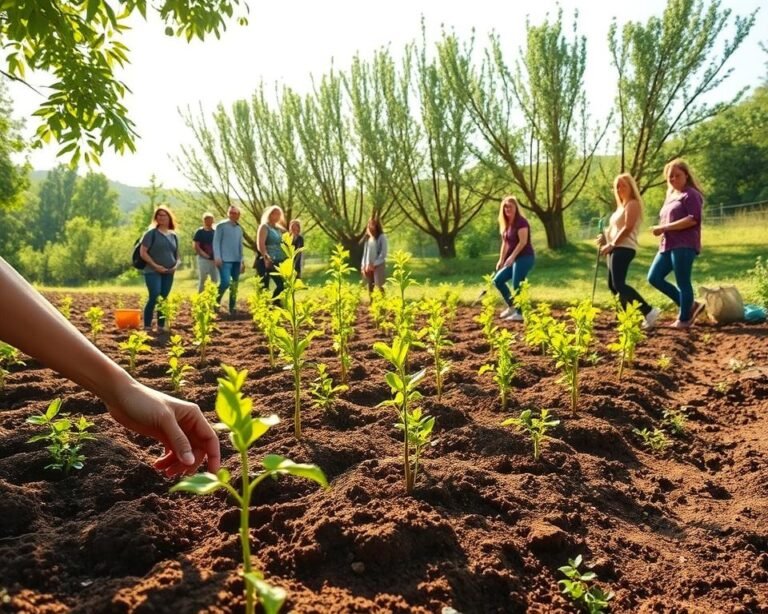 A lush, verdant garden on a gentle slope, with a group of people enthusiastically planting young saplings. Sunlight filters through the canopy, casting a warm, golden glow over the scene. In the foreground, hands carefully dig into the rich, loamy soil, tenderly placing the delicate seedlings. In the middle ground, the planters stand back, admiring their handiwork, smiles of satisfaction upon their faces. In the background, a row of mature trees sway gently in the breeze, their branches reaching skyward, a testament to the rewards of their labor. The atmosphere is one of joy, community, and a deep connection to the natural world.