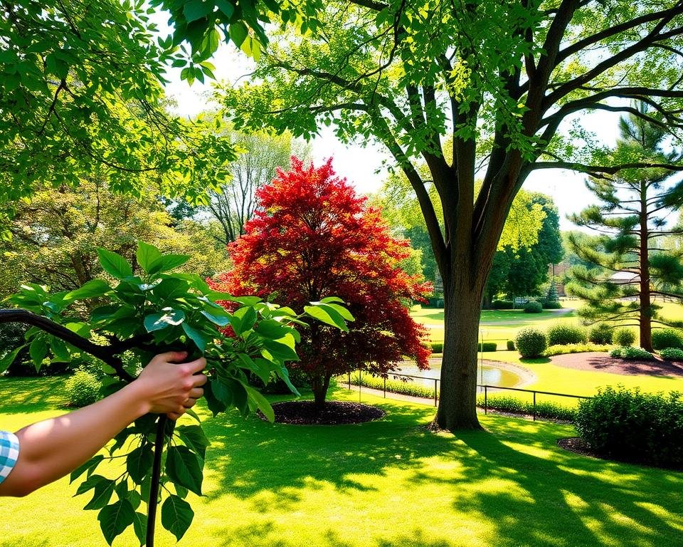 A lush, verdant garden scene showcasing a variety of tree care tips. In the foreground, a gardener tenderly prunes a flourishing tree, their hands delicately shaping the branches. The middle ground features a range of healthy trees, each with a distinct character - a towering oak, a graceful maple, and a resilient pine. Dappled sunlight filters through the canopy, casting warm, golden hues across the scene. In the background, a well-maintained lawn and a tranquil pond reflect the serene atmosphere. The overall mood conveys the importance of attentive tree care and the rewards of a thriving, harmonious landscape.