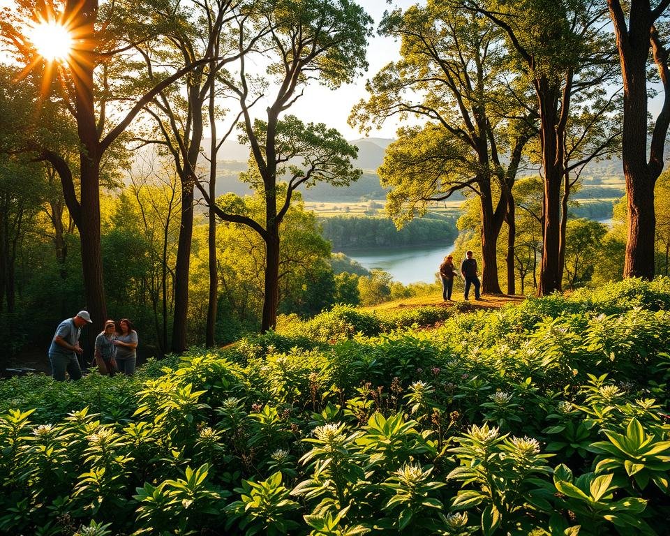 A lush, verdant landscape of towering trees and thriving undergrowth, illuminated by warm, golden sunlight filtering through the canopy. In the foreground, a team of environmental experts carefully tending to young saplings, their methodical hands guiding the natural regeneration process. The middle ground features a diverse array of native plant species, their vibrant foliage and delicate flowers contributing to the ecosystem's balance. In the distance, rolling hills and a serene, winding river frame the scene, creating a sense of harmony and interconnectedness between the human stewardship and the natural world. The overall atmosphere evokes a sense of hope and optimism for the restoration of our precious forests.