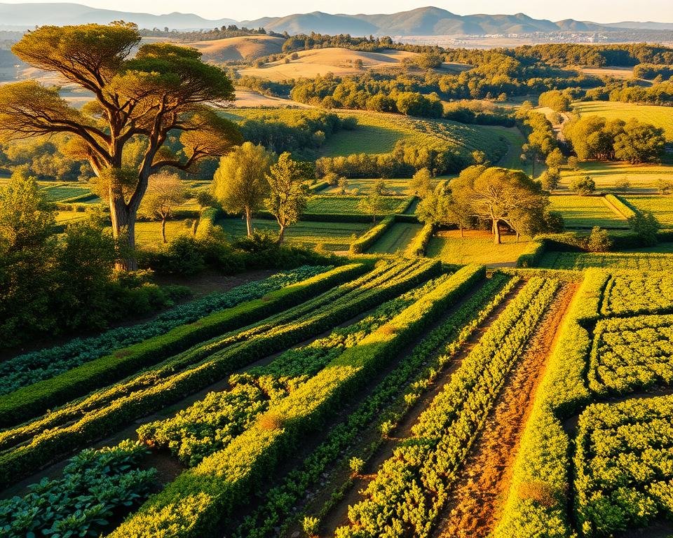 A lush, vibrant agroforestry landscape, bathed in warm, golden afternoon light. In the foreground, rows of diverse crops intermingle with tall, majestic trees, their branches casting intricate shadows across the fertile soil. The middle ground features a network of hedgerows and windbreaks, creating a sense of depth and layered complexity. In the distance, a gently undulating horizon is dotted with clusters of fruit trees and timber stands, hinting at the seamless integration of agriculture and forestry. The scene conveys a harmonious coexistence, where nature and human stewardship work in tandem to produce an abundance of resources. A cinematic, wide-angle lens captures the grandeur and potential of this sustainable agroforestry system.