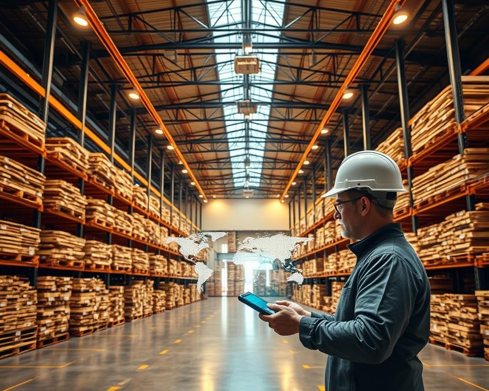 A modern warehouse interior with a focus on RFID technology applications in timber tracking. Rows of stacked timber pallets line the middle ground, each tagged with RFID sensors. In the foreground, a worker scans a pallet with a handheld RFID reader, data flashing across a holographic display. Overhead, a network of RFID antennas and cameras monitor the movement of timber, tracking inventory in real-time. Warm industrial lighting casts a subtle glow, emphasizing the efficiency and precision of this high-tech timber management system.