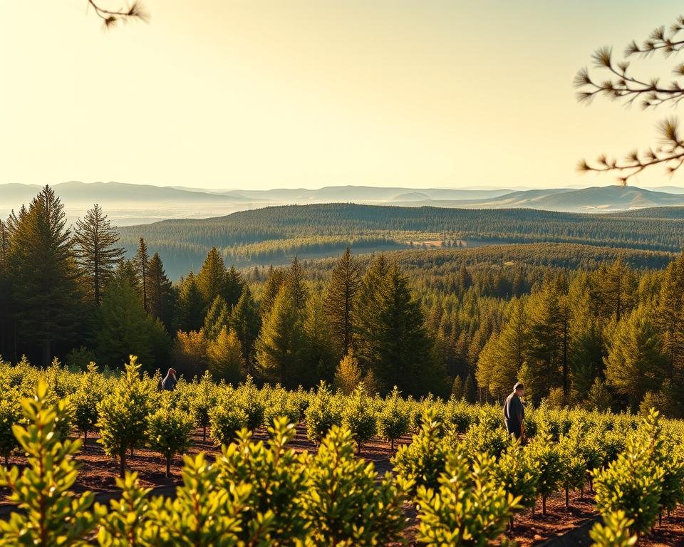 A panoramic landscape depicting the economic advantages of carbon sequestration in lush, verdant forests. In the foreground, a thriving tree nursery bustles with activity as workers tend to saplings. In the middle ground, mature trees sway gently in a soft breeze, their branches laden with vibrant foliage. The background showcases a vast, rolling landscape dotted with towering pines and firs, their canopies forming a dense, verdant tapestry. Warm, golden sunlight filters through the treetops, casting a serene, inviting glow over the entire scene. The overall composition conveys a sense of harmony, balance, and the tangible economic benefits of effective carbon sequestration in healthy, sustainable forests.