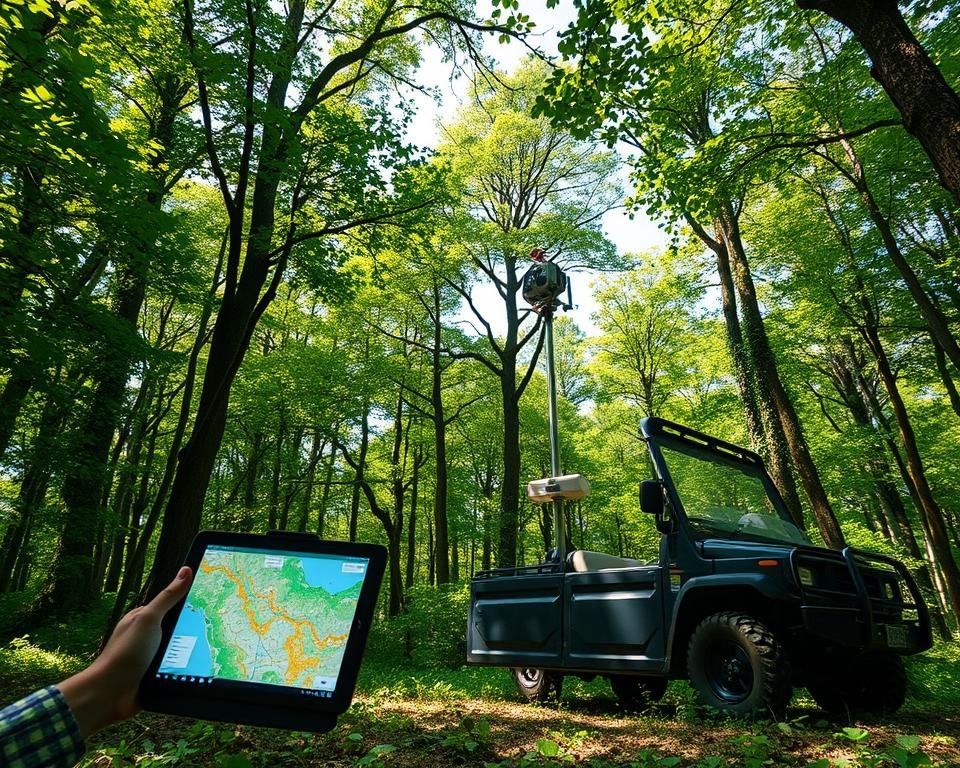 A pristine forest canopy, sunlight filtering through the verdant leaves. In the foreground, a researcher crouches, examining a tablet displaying a detailed GIS map of the area. Topographic contours, vegetation indices, and infrastructure overlays provide a comprehensive view of the landscape. In the middle ground, a rugged all-terrain vehicle stands ready, its GPS antenna connecting to a satellite network. In the background, a towering tripod-mounted LiDAR scanner captures high-resolution 3D data, mapping the forest's structure with precision. The scene conveys the powerful integration of geospatial technology and sustainable forestry, enabling data-driven decision-making for effective silviculture.