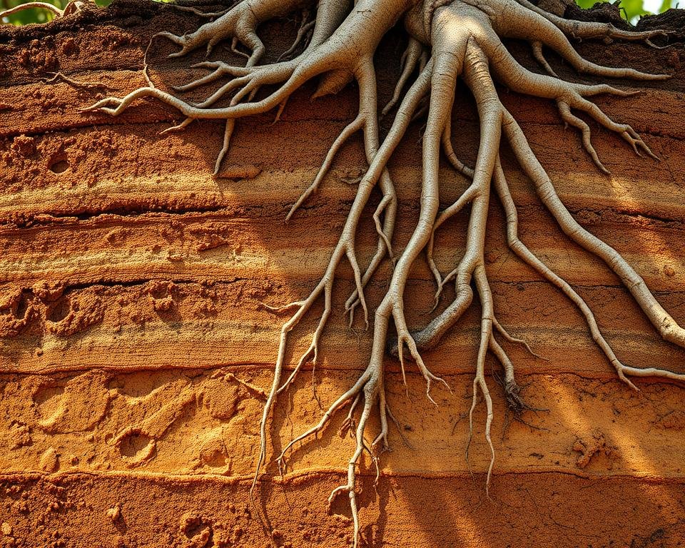 A richly detailed cross-section of soil, with intricate layers of loam, clay, and sand. Pockets of moisture glisten within the earth, illustrating the vital role of water retention. Sunlight filters through the soil, casting a warm, golden glow and emphasizing the complex network of roots that wind through the profile. The image conveys the interconnectedness of the tree-soil ecosystem, with the soil's ability to hold and distribute water playing a crucial role in the health and growth of the vegetation above.