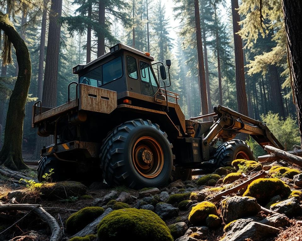 A rugged, high-powered skidder navigating a dense forest, its massive tires carving through the undergrowth. The operator's cabin sits atop the powerful hydraulic arm, offering a commanding view of the terrain. Sunlight filters through the canopy, casting dramatic shadows across the machine's steel frame. In the background, towering trees and a carpet of moss-covered rocks suggest a remote, untamed environment. The skidder's engine rumbles with authority, a testament to the sheer force of this specialized logging technology.