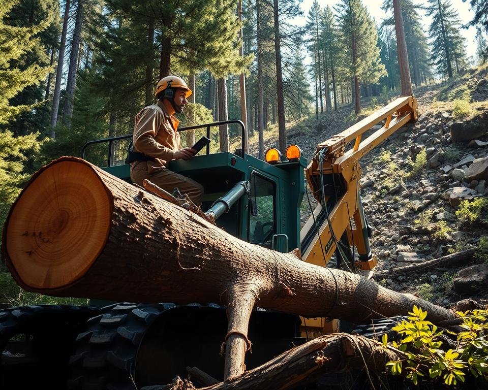 A rugged, remote forest landscape, with towering pines and thick undergrowth. In the foreground, a modern timber harvesting machine, its massive treads churning through the uneven terrain. Hydraulic arms extend, grasping a fallen tree trunk, its bark stripped, the wood glistening with sap. The machine's operator, clad in a weathered safety suit, navigates a complex control panel, brow furrowed in concentration. Dappled sunlight filters through the canopy, casting long shadows across the scene. In the background, a steep, rocky slope poses a challenge, requiring precision and skill to navigate. The mood is one of gritty determination, as the machine tackles the obstacles of the wild forest.