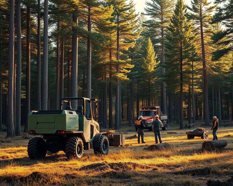 A serene forest clearing bathed in soft, golden sunlight. In the foreground, a modern, eco-friendly timber harvesting machine stands poised, its hydraulic arms and sleek, streamlined design reflecting the care and precision of its operator. In the middle ground, a team of forestry workers collaborates, their protective gear and measured movements conveying a sense of community and responsible stewardship. In the background, towering evergreen trees sway gently, their verdant canopies a testament to the sustainable practices employed. The overall atmosphere is one of harmony, where technology and nature coexist in a delicate balance, highlighting the importance of community engagement in eco-friendly forestry.