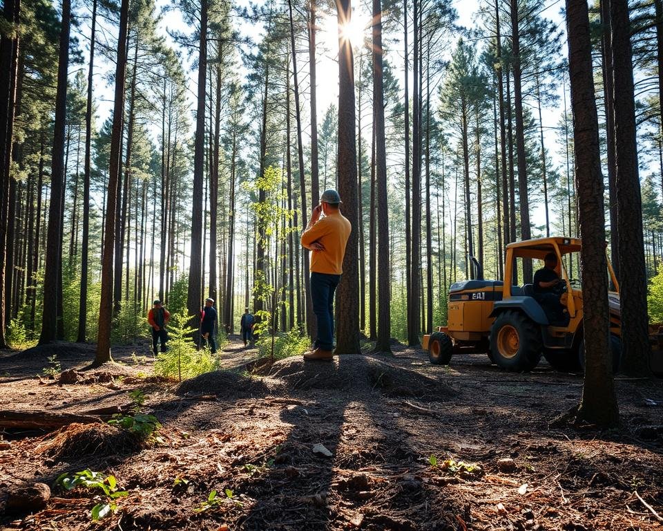 A serene forest clearing, sunlight streaming through the canopy, illuminating a team of forestry workers implementing a sustainable silvicultural system. In the foreground, a crew carefully marking trees for selective harvesting, preserving the delicate ecosystem. In the middle ground, a forester examines a sapling, evaluating its growth potential. In the background, a heavy machinery operator gently maneuvers a harvester, minimizing ground disturbance. The scene exudes a sense of harmony between human stewardship and the natural environment, showcasing the thoughtful application of silvicultural techniques for long-term forest management.