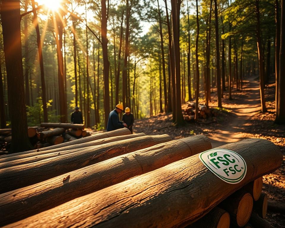 A serene forest landscape bathed in warm, golden sunlight filters through the canopy of towering hardwood trees. In the foreground, a stack of freshly-cut timber logs lies on the forest floor, adorned with a prominent FSC (Forest Stewardship Council) certification label. Subtle shadows cast by the branches above create a natural, organic pattern across the logs, highlighting their texture and grain. The middle ground showcases a group of workers carefully inspecting the timber, discussing the certification process and its importance for sustainable forestry practices. In the distance, a winding trail leads deeper into the lush, verdant forest, hinting at the ongoing efforts to preserve and responsibly manage this precious natural resource.