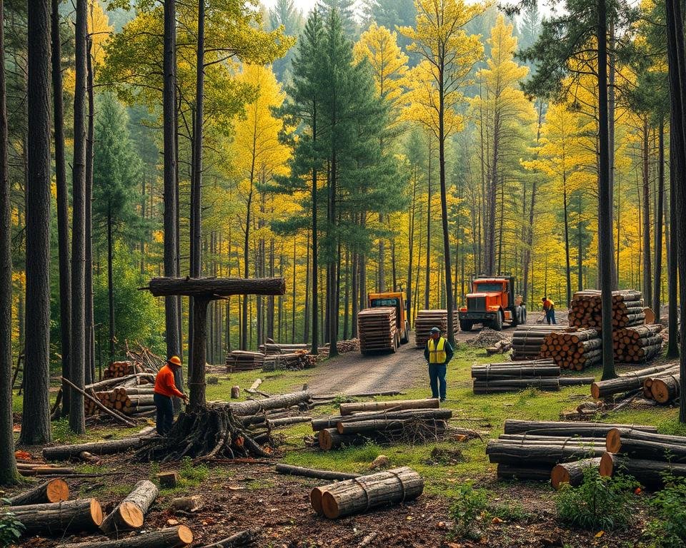 A serene forest landscape with responsible timber harvesting practices. In the foreground, a skilled logger carefully selects and fells a mature tree, using sustainable techniques to minimize damage to the surrounding environment. In the middle ground, a team of workers diligently sort and stack the harvested logs, ensuring efficient transportation and processing. The background showcases a lush, verdant forest canopy, illuminated by warm, diffused sunlight filtering through the leaves. The scene conveys a balance between human activity and environmental preservation, highlighting the importance of responsible wood sourcing for sustainable timber management.