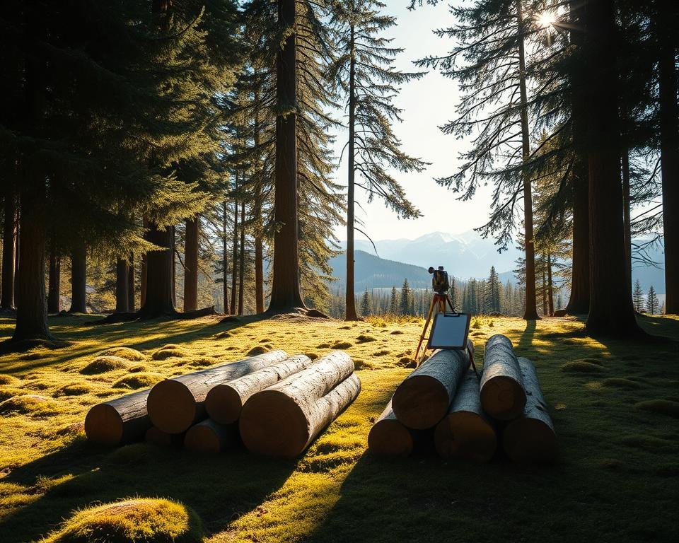 A serene forest landscape, with towering evergreen trees casting long shadows across the mossy ground. In the foreground, several timber logs lie in a neatly arranged pile, their bark and grain patterns meticulously detailed. Sunlight filters through the canopy, creating a warm, inviting atmosphere. In the middle ground, a surveyor's clipboard and tools are positioned, hinting at the process of timber valuation. The background features a distant mountain range, its peaks capped with snow, creating a sense of depth and scale. The scene conveys the tranquility and importance of the timber industry, with a focus on the factors that contribute to accurate timber valuation.