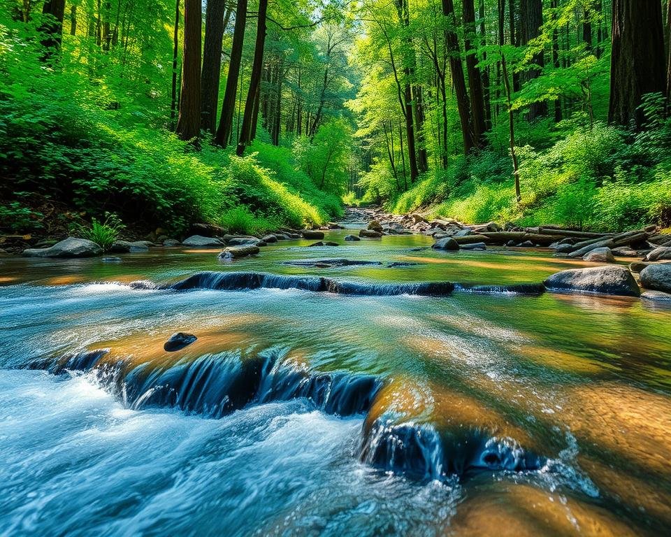 A serene forest stream flowing through a lush, verdant landscape. In the foreground, crystal-clear water cascades over smooth rocks, creating a natural filtration system. Surrounding the stream, a diverse array of vegetation, including tall, stately trees and vibrant undergrowth, provides a natural backdrop. Dappled sunlight filters through the canopy, casting a warm, inviting glow over the scene. The overall atmosphere evokes a sense of tranquility and harmony, where the community's involvement in managing this vital water resource is evident in the well-maintained, sustainable ecosystem.
