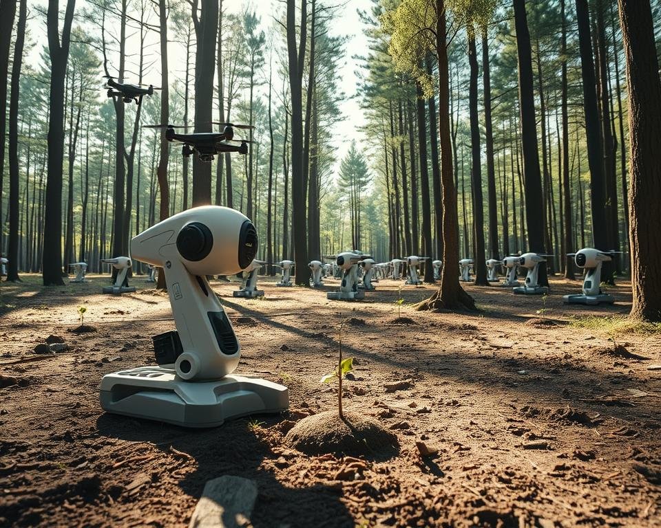 A sleek, futuristic tree planter robot stands in a sun-dappled forest clearing, its mechanical arms carefully inserting saplings into the rich, loamy soil. In the background, a fleet of similar machines weave between the trunks of mature trees, planting a new generation of growth. Drones hover overhead, scanning the landscape and monitoring the planting process. The scene conveys a harmonious blend of nature and technology, where innovative machinery supports the regeneration of the forest. Soft, diffused lighting filters through the canopy, creating a serene, hopeful atmosphere. The camera captures this vision from a low, ground-level angle, emphasizing the scale and precision of the mechanical tree planting operation.