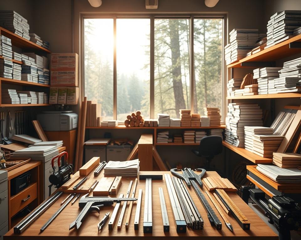A spacious, well-lit workshop interior with various timber scaling tools and equipment meticulously arranged. In the foreground, a central workbench displays a collection of calipers, scale sticks, and log measurement forms. Midground features shelves stocked with neatly organized manuals and reference materials on timber scaling standards and regulations. The background showcases a large window overlooking a sun-dappled forest, conveying a sense of the natural environment from which the timber is sourced. Warm lighting casts a soft, professional glow across the scene, while the overall composition emphasizes the importance of precision, organization, and adherence to industry standards in the practice of timber scaling.