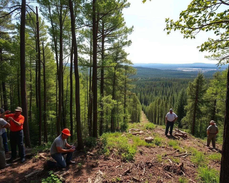 A sun-dappled clearing in a lush, verdant forest. In the foreground, a group of forestry workers carefully inspect the health of the trees, measuring their growth and assessing the soil's fertility. In the middle ground, a team of loggers selectively harvest mature specimens, ensuring minimal disruption to the overall ecosystem. The background reveals a panoramic view of the well-managed woodland, with trails winding through the canopy, leading to a LEED-certified sawmill in the distance. The scene conveys a sense of balance, where responsible stewardship and sustainable practices coexist to preserve the natural beauty and ecological integrity of this vital resource.