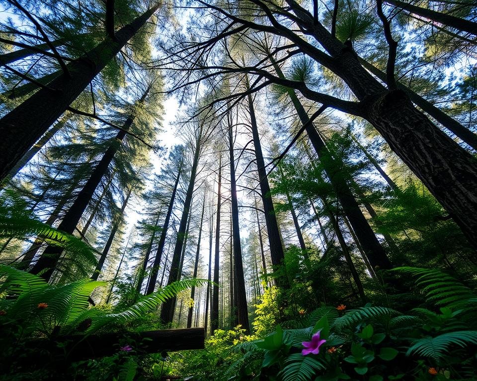 A sun-dappled forest canopy, branches intertwined, casting intricate shadows upon the lush, diverse undergrowth below. Towering evergreens and deciduous trees stand tall, their trunks crisscrossed with patterns of bark. In the foreground, a mosaic of ferns, wildflowers, and mosses thrive, each species playing a vital role in the delicate ecosystem. Filtered light illuminates the scene, creating a warm, vibrant atmosphere. The camera angles upward, capturing the verdant layers of the forest, highlighting the harmonious coexistence of different plant life and the interconnectedness of a thriving silvicultural landscape.