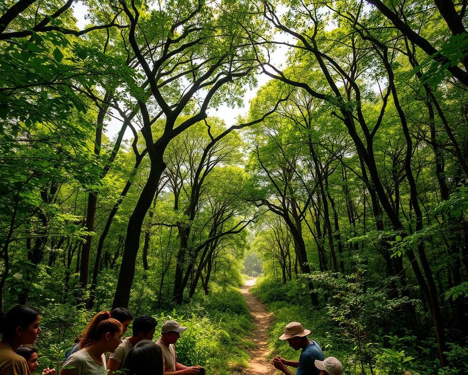 A sun-dappled forest canopy, lush with verdant foliage and towering trees. In the foreground, a group of community members gather, engaged in planting saplings and tending to the undergrowth. Their faces are filled with a sense of purpose and stewardship, as they work to restore and preserve this vital ecosystem. In the middle ground, a winding path leads deeper into the forest, where a network of trails invites exploration and education. Soft, diffused lighting filters through the leaves, casting a warm, natural glow over the scene. The overall atmosphere conveys a harmonious balance between human and nature, where conservation efforts are rooted in the collective involvement of the local community.