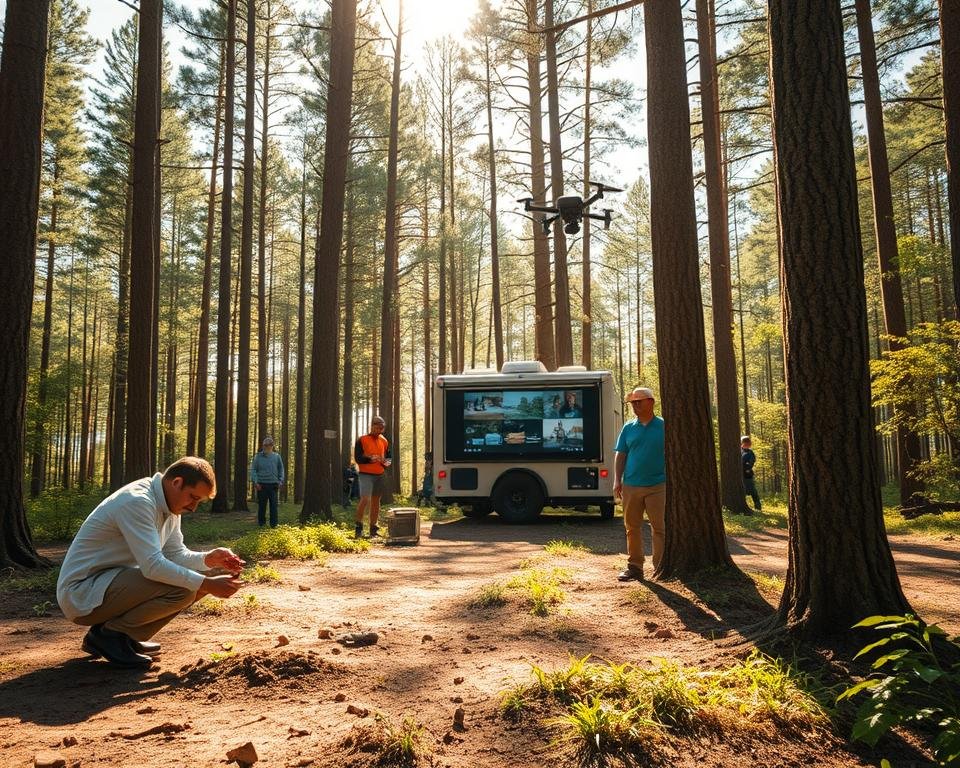 A sun-dappled forest clearing, with a team of forestry experts meticulously monitoring the health and growth of the trees. In the foreground, a researcher kneels, carefully examining a soil sample, while others measure the girth of towering trunks, their faces lit by the warm, golden light filtering through the lush canopy above. In the middle ground, a mobile command center stands, its screens displaying real-time data on the forest's condition. In the background, a drone hovers, capturing aerial footage of the entire scene, providing a comprehensive overview of the management and evaluation process.