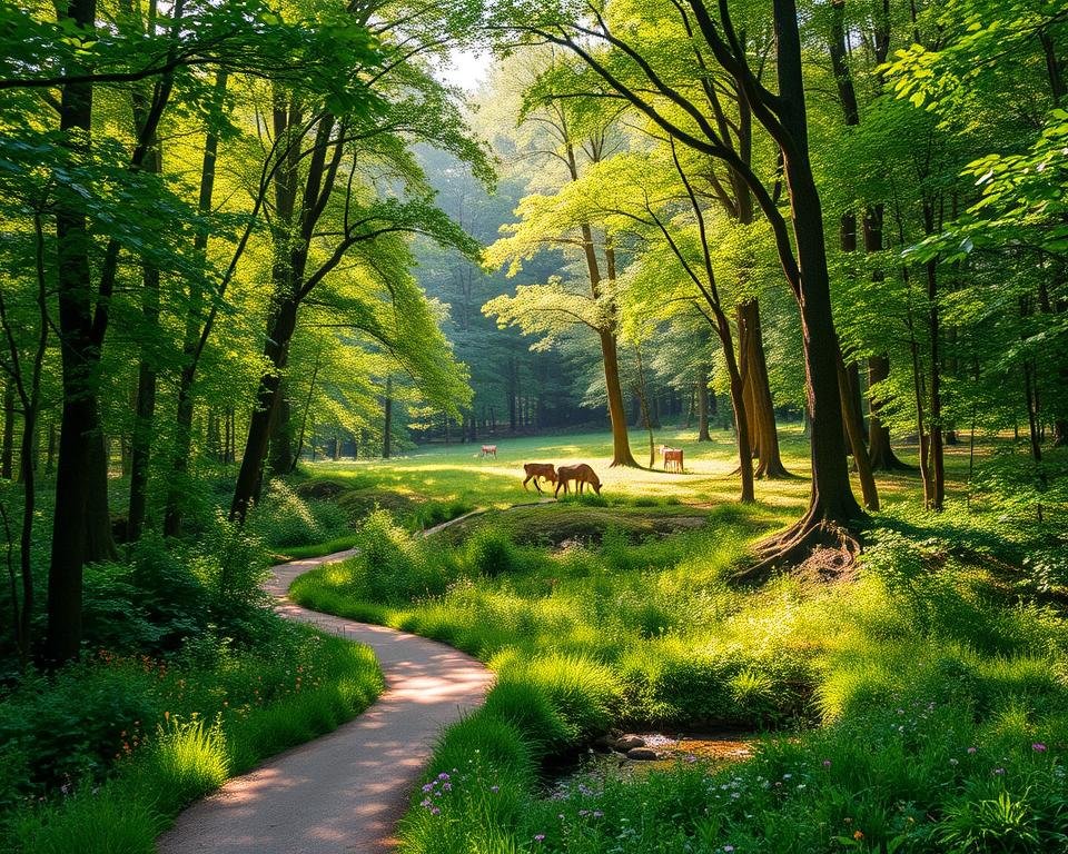 A tranquil forest scene, dappled sunlight filtering through the lush canopy of towering deciduous trees. In the foreground, a winding path meanders, inviting visitors to explore the verdant undergrowth teeming with diverse flora and fauna. Vibrant wildflowers dot the forest floor, while a babbling brook cuts through the landscape, its gentle sounds soothing the senses. A family of deer graze peacefully in the middle distance, showcasing the harmony between humans and the natural world. Soft, warm lighting casts a serene glow, evoking a sense of rejuvenation and wonder. This idyllic forest recreation area exemplifies the benefits of biodiversity, offering a restorative respite from the hustle and bustle of everyday life.