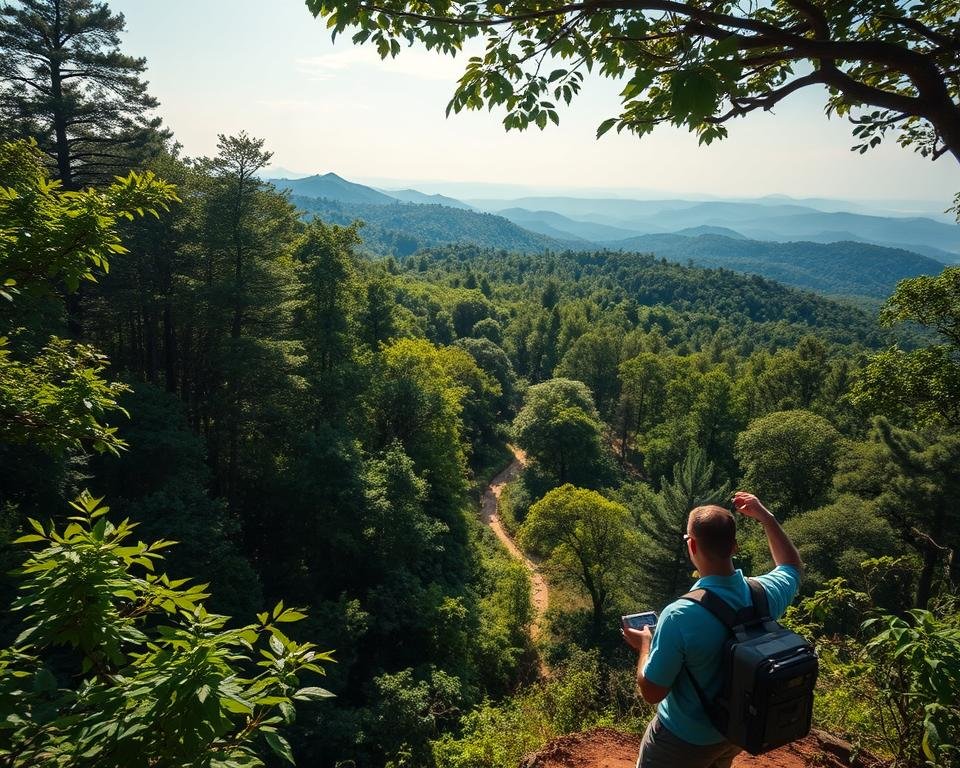 A vast, lush forest canopy stretches out, sunlight filtering through the verdant leaves. In the foreground, a team of scientists diligently monitors the ecosystem, using high-tech equipment to gather data on soil composition, tree health, and wildlife populations. The middle ground reveals a network of winding trails, allowing easy access for researchers to survey the diverse flora and fauna. In the background, rolling hills and distant peaks create a serene, picturesque landscape, conveying the scale and grandeur of this vital natural habitat. The scene is bathed in a warm, golden light, capturing the tranquility and importance of this forestry ecosystem monitoring exercise.