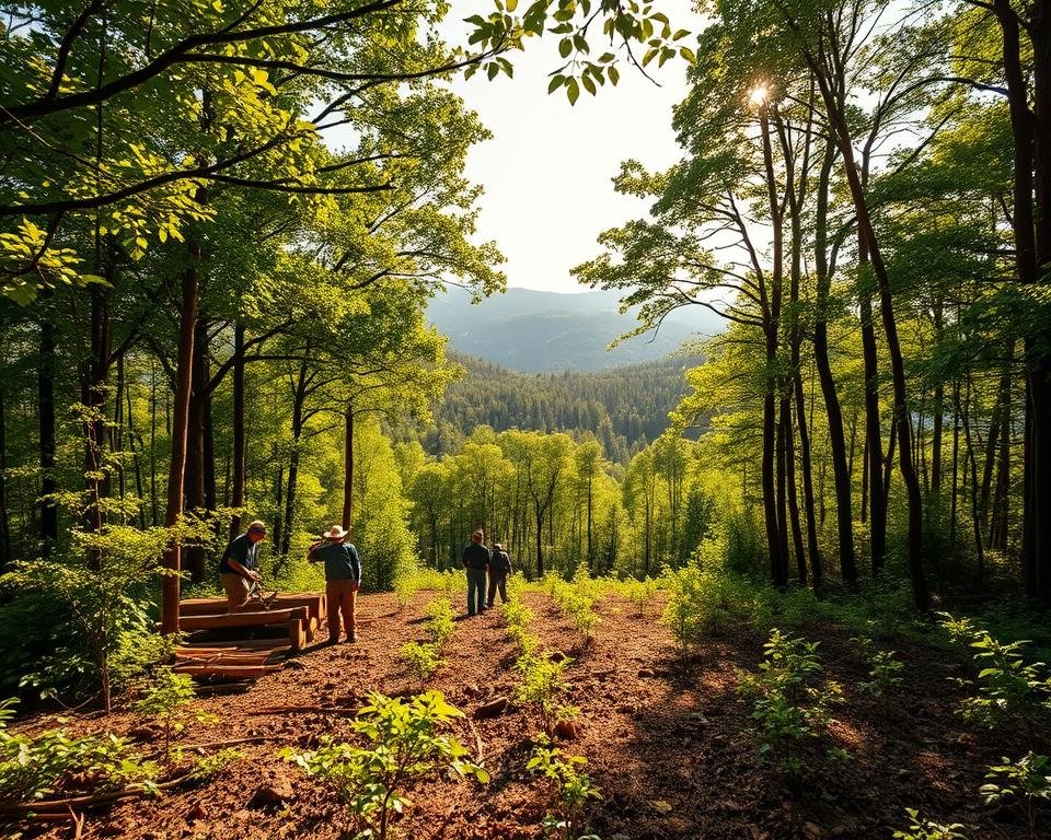 A vast, sunlit forest with lush canopies of verdant foliage. In the foreground, a group of forest workers carefully selecting and harvesting mature timber using sustainable methods, wielding eco-friendly tools. The midground showcases newly planted seedlings, symbolizing the cycle of regrowth. In the background, rolling hills dotted with thriving trees illustrate the long-term environmental stewardship. Warm, golden lighting filters through the branches, evoking a sense of harmony between nature and responsible human activity. The scene conveys a balance of productivity and conservation, highlighting the principles of sustainable timber management.