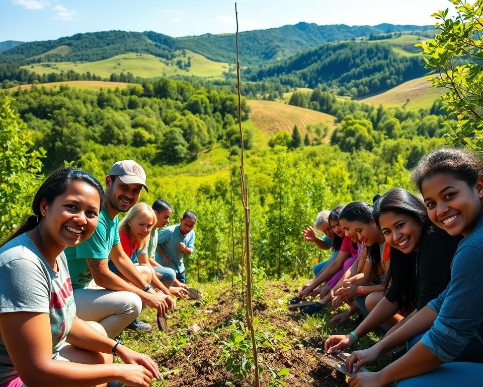 A vibrant community forestry initiative set in a lush, verdant landscape. In the foreground, a group of diverse individuals actively engaged in tree planting, their faces alight with enthusiasm. The middle ground showcases a thriving forest, with sunbeams filtering through the canopy, casting a warm, natural glow. In the background, rolling hills and a clear blue sky create a serene, bucolic atmosphere. The scene conveys a sense of collective action, environmental stewardship, and the tangible benefits of community-driven forestry efforts. Captured with a wide-angle lens, the image emphasizes the collaborative, grassroots nature of the initiative.