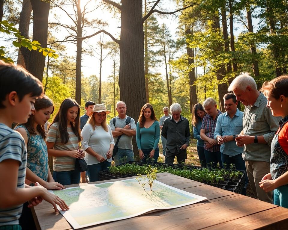A vibrant community gathering in a lush, sun-dappled forest. In the foreground, a group of diverse individuals, young and old, examine a detailed map spread out on a wooden table, engaged in animated discussion. The middle ground reveals volunteers planting seedlings, their faces alight with purpose. In the background, towering trees cast long shadows, their canopy filtering warm, golden light. The scene conveys a sense of collaborative stewardship, where the community comes together to assess and tend to the health of their cherished woodland habitat.