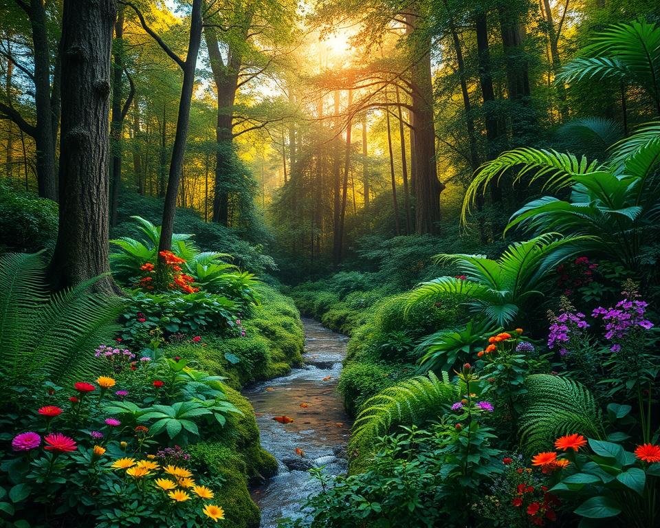 A vibrant, lush forest teeming with biodiversity. In the foreground, a diverse array of flora - towering trees, cascading ferns, and vibrant wildflowers - create a layered, three-dimensional scene. The middle ground features a small stream winding through the undergrowth, with schools of colorful fish swimming beneath the surface. In the background, sunlight filters through the canopy, casting a warm, golden glow and illuminating the varied shades of green. The overall mood is one of natural abundance and harmony, reflecting the strategies for sustainable forest management.