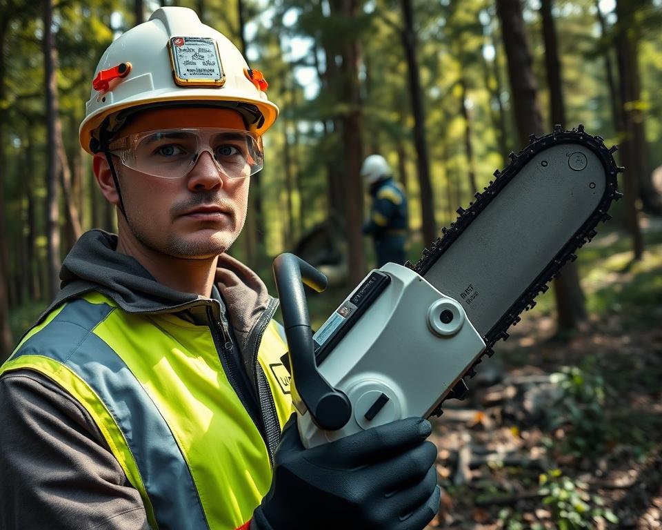 A well-lit, high-resolution image of a person in protective gear, standing in a forest clearing, holding a chainsaw at the ready. The foreground shows the person's face, focused and alert, with safety goggles, a hard hat, and a high-visibility jacket. The middle ground showcases the chainsaw, its engine idling, the blade sharp and gleaming. The background depicts a dense, lush forest, with sunlight filtering through the trees, creating a sense of preparedness and emergency response.