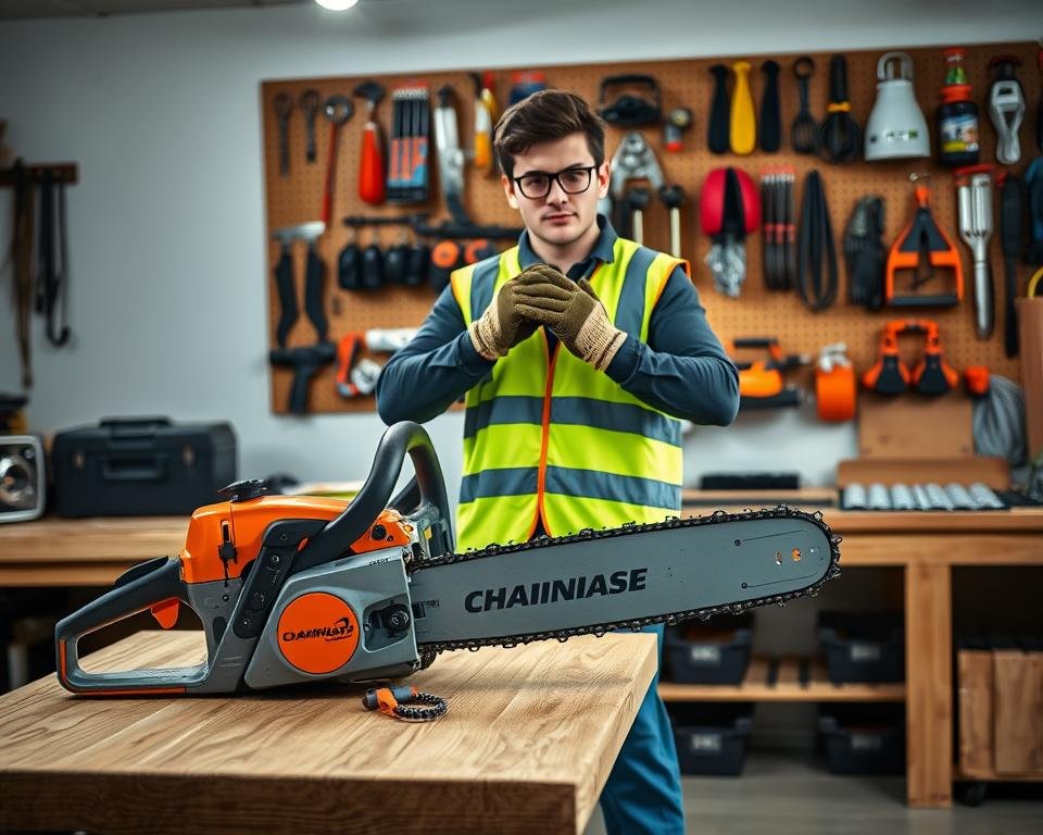 A well-lit workshop interior, with a sturdy wooden workbench in the foreground. On the bench, a professional-grade chainsaw sits neatly, its components meticulously arranged. In the middle ground, a model demonstrates proper hand positioning and stance, wearing a high-visibility safety vest, protective goggles, and heavy-duty work gloves. The background features a wall-mounted pegboard displaying various chainsaw accessories and safety equipment, casting a warm, informative atmosphere. The lighting is diffused and balanced, creating a sense of professionalism and attention to detail.