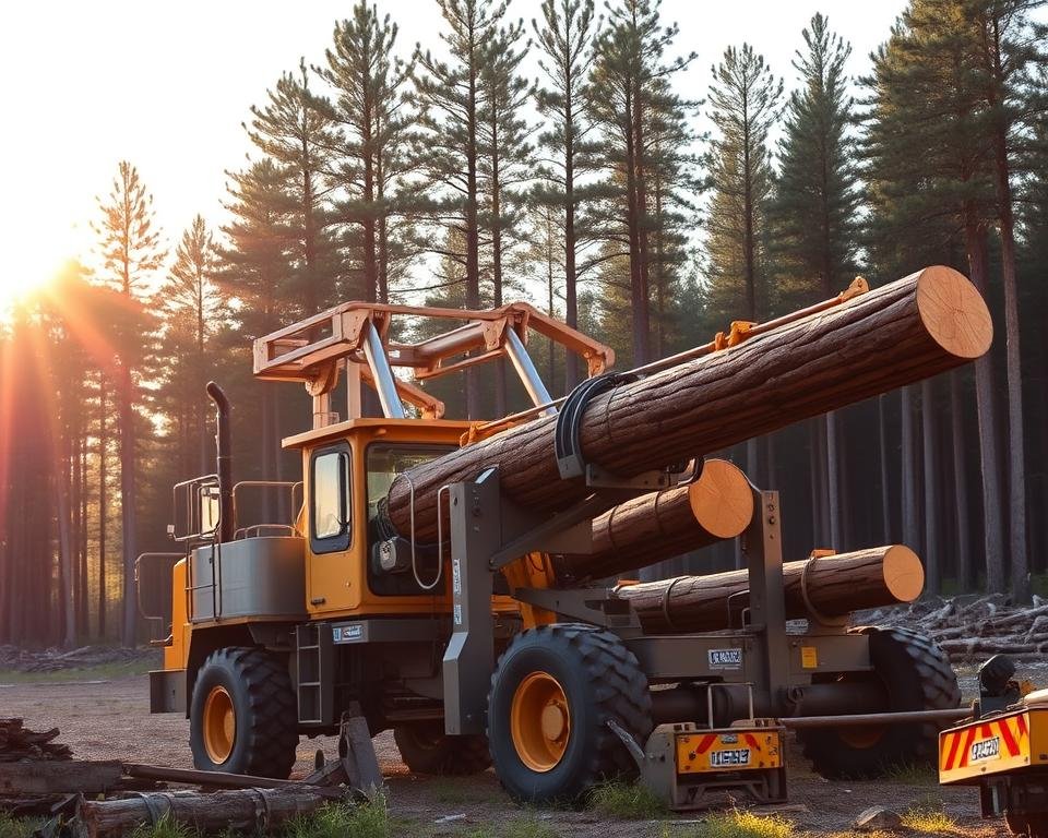 A well-maintained hydraulic log loader stands in a forested clearing, its powerful arms poised to effortlessly lift heavy timber. The sun casts a warm, golden glow across the scene, highlighting the loader's sleek, metallic chassis and the intricate network of hydraulic hoses and pistons that power its smooth, precise movements. In the background, towering pine trees sway gently in the breeze, creating a serene, natural backdrop. The image conveys the importance of proper maintenance for these essential pieces of equipment, ensuring they operate at peak efficiency and reliability, even in the most demanding logging environments.