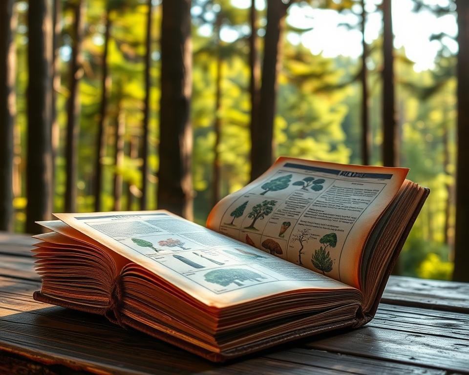 A well-worn, leather-bound field guide rests open on a wooden table, its pages filled with vibrant illustrations of various tree species. The lighting is soft and natural, casting a warm glow on the guide's weathered cover. In the background, a lush forest scene unfolds, with tall, majestic trees swaying gently in the breeze. The scene conveys a sense of exploration, discovery, and the joy of connecting with the natural world through the guidance of a trusted reference.