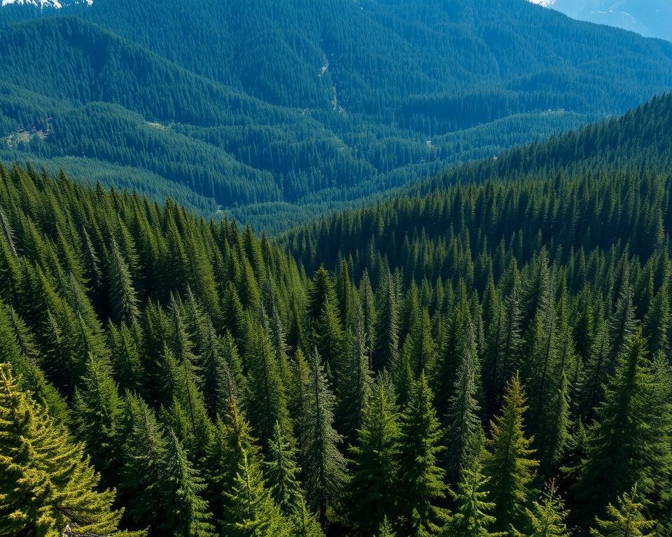 Aerial photo of a lush, densely forested landscape, with towering pine and fir trees filling the foreground and middle ground. The canopy is a deep, verdant green, with sunlight filtering through the branches, casting dappled shadows on the forest floor below. In the background, rugged mountains rise up, their peaks capped with snow. The image is captured from a high-altitude perspective, giving a sweeping, panoramic view of the silvicultural ecosystem. The lighting is soft and natural, creating a serene, contemplative atmosphere, highlighting the intricate details of the forest's structure and composition.