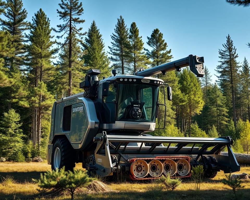 An advanced harvester stands in a sun-dappled forest clearing, its sleek metallic frame gleaming. Precise robotic arms maneuver with surgical precision, skillfully felling trees and delimbing them with rapid, efficient motions. Onboard sensors and AI-driven algorithms optimize the harvesting process, maximizing productivity while minimizing environmental impact. In the background, towering pines and verdant foliage create a lush, verdant backdrop, hinting at the harvester's role in sustainable silviculture. Dramatic, directional lighting casts dramatic shadows, emphasizing the machine's power and technological sophistication. An overall sense of innovation, control, and environmental stewardship permeates the scene.