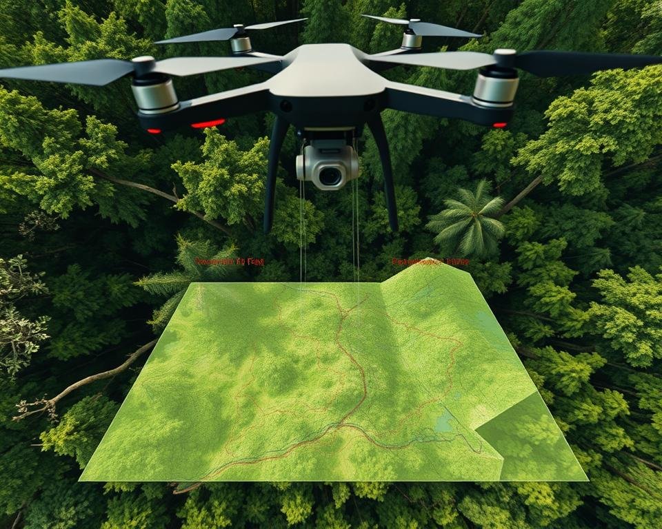 An aerial view of a lush forest canopy, with a GPS-enabled drone capturing high-resolution data points across the landscape. The drone's camera peers through the leafy branches, revealing intricate patterns of tree distribution, canopy density, and potential areas for sustainable forestry management. In the foreground, a detailed topographical map unfolds, displaying elevation contours, watersheds, and potential logging roads. The middle ground showcases a 3D rendering of the forest, highlighting individual tree species and their growth rates. The background is a panoramic view of the entire forest, with the drone's flight path tracing a network of GPS coordinates, guiding forestry experts towards optimized silviculture decisions.