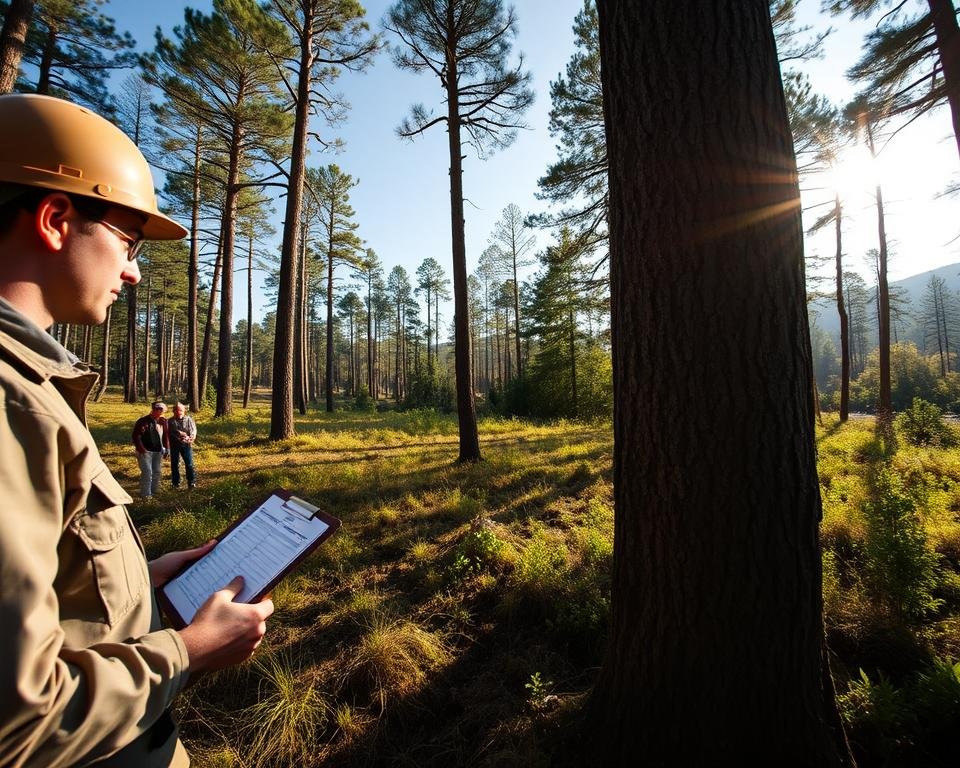 Detailed forest inventory in a sun-dappled clearing, captured with a wide-angle lens. In the foreground, a forestry professional examines a sample tree, clipboard in hand. In the middle ground, surveyors measure the trunk diameter of mature hardwoods. In the background, a vista of towering pines and lush undergrowth, casting long shadows under the warm afternoon light. The scene conveys a sense of expertise, diligence, and the beauty of a well-managed woodland ecosystem.