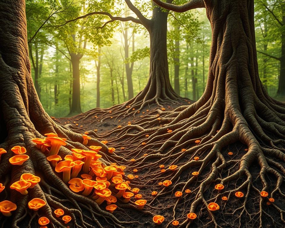 High-resolution, detailed illustration of a mycorrhizal network, showcasing the complex underground connections between tree roots and fungal hyphae. The foreground features intricate root systems intertwined with vibrant mycorrhizal fungi, emitting a warm, earthy glow. The middle ground depicts the network of fungal filaments spreading through the soil, creating a web-like structure. In the background, a lush forest canopy casts soft, dappled light, highlighting the importance of this invisible communication system within the ecosystem. Rendered in a highly realistic, scientific style with attention to anatomical accuracy and depth of field, capturing the beauty and wonder of this vital tree-fungus symbiosis.