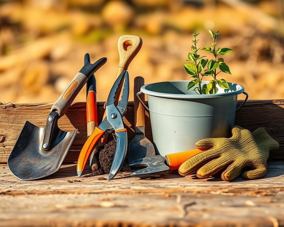 High-resolution photograph of an assortment of reforestation tools arranged on a wooden surface, including a shovel, pruning shears, a sapling planter, a bucket, and a pair of gardening gloves. The tools are well-lit from the side, casting crisp shadows and highlighting their textures and materials. The background is blurred, with a warm, natural palette suggesting an outdoor setting. The overall mood is one of practicality and purposefulness, conveying the tools' role in the important task of planting and caring for new trees.