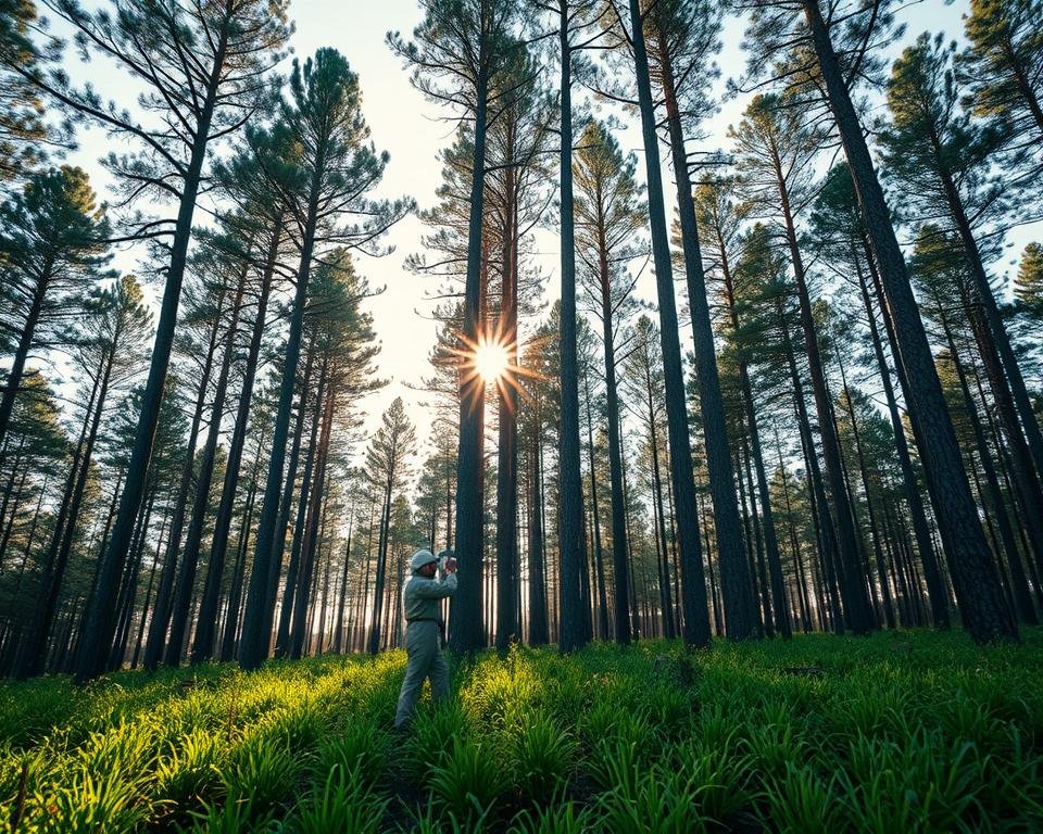 Majestic pine trees stand tall, their branches reaching skyward in a serene forest setting. In the foreground, a lush green undergrowth thrives, showcasing the careful management of the ecosystem. A worker in a protective suit meticulously measures the growth and health of the trees, demonstrating the precision and attention to detail that characterize sustainable forestry practices. Warm, golden sunlight filters through the canopy, casting a gentle glow and creating a sense of harmony between the natural and the human elements. The overall scene conveys the economic benefits of precision silviculture, where strategic interventions lead to a thriving, productive, and environmentally responsible forest.