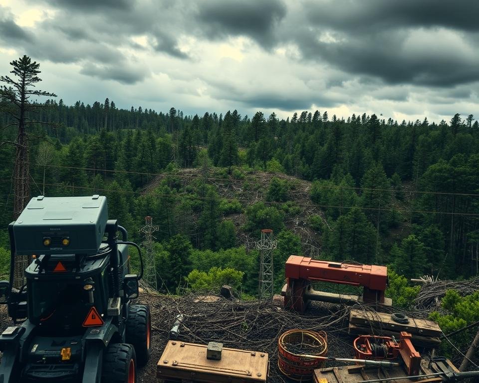 Precision silviculture technical barriers: a complex forest landscape with looming obstacles. In the foreground, intricate machinery and tools symbolize the challenges of implementing advanced forestry techniques. The middle ground features a tangle of dense vegetation, representing the natural impediments to efficient data collection and analysis. In the background, a cloudy, moody sky sets a pensive tone, hinting at the uncertainty and difficulty of overcoming these barriers. Dramatic side lighting casts dramatic shadows, emphasizing the technical complexities. A narrow depth of field keeps the focus sharp on the crucial details, while the overall scene conveys the sense of a daunting, yet vital, undertaking.