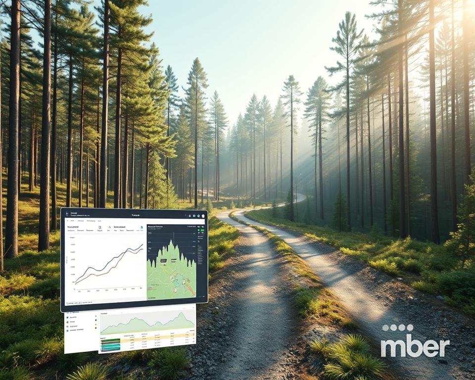 Timber road management software: a digital landscape of winding trails, towering pines, and advanced data visualization. In the foreground, a user interface showcases real-time monitoring of forest roads, with detailed maps and analytics. The middle ground features a 3D rendering of a road network, highlighting optimal routes and maintenance priorities. In the background, a serene forest scene with dappled sunlight filtering through the canopy, setting a tranquil tone. Soft, cinematic lighting and a shallow depth of field create a professional, polished aesthetic. The overall scene conveys the powerful integration of technology and nature, streamlining forest management for a sustainable future.