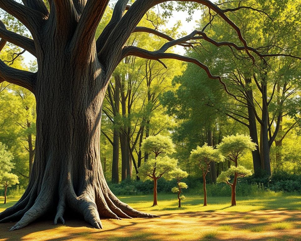 a detailed, realistic image of tree growth factors, showcasing the relationship between a tree's age and its size, in a natural outdoor setting. the scene depicts a mature deciduous tree in the foreground, its thick trunk and sprawling branches casting soft shadows on the ground below. in the middle ground, younger trees of the same species are shown at various stages of growth, their heights and trunk diameters visually conveying the effect of age on tree size. the background features a lush, verdant forest landscape, with dappled sunlight filtering through the canopy. the overall lighting is warm and natural, with carefully rendered textures and details that enhance the scientific and educational nature of the image.