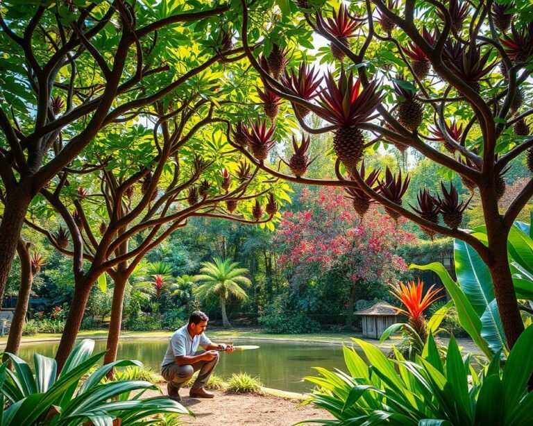 a lush, tropical garden filled with a variety of exotic trees and plants, carefully tended by a gardener in the foreground. The trees have vibrant, glossy leaves in shades of green, red, and purple, with intricate branch structures and unique textures. The gardener is kneeling on the ground, gently pruning the branches with precision. Sunlight filters through the canopy, creating a warm and inviting atmosphere. In the background, a tranquil pond reflects the surrounding foliage, creating a serene and calming scene. The image conveys the benefits of proper management and care for these exotic tree species, showcasing their natural beauty and the importance of preserving biodiversity.