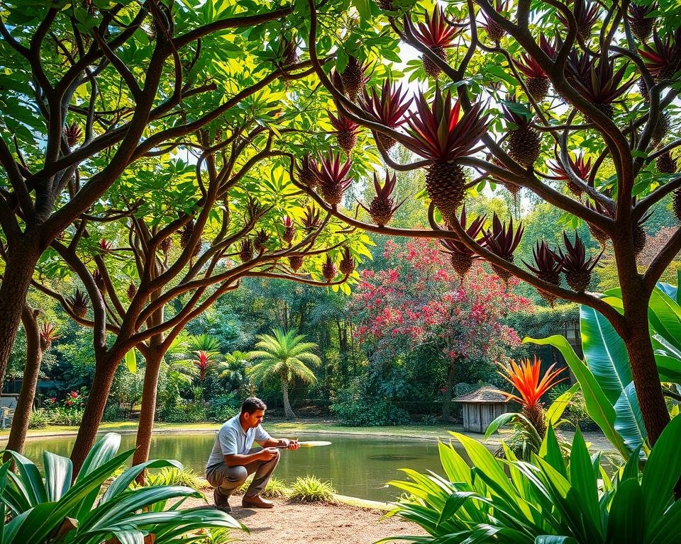 a lush, tropical garden filled with a variety of exotic trees and plants, carefully tended by a gardener in the foreground. The trees have vibrant, glossy leaves in shades of green, red, and purple, with intricate branch structures and unique textures. The gardener is kneeling on the ground, gently pruning the branches with precision. Sunlight filters through the canopy, creating a warm and inviting atmosphere. In the background, a tranquil pond reflects the surrounding foliage, creating a serene and calming scene. The image conveys the benefits of proper management and care for these exotic tree species, showcasing their natural beauty and the importance of preserving biodiversity.
